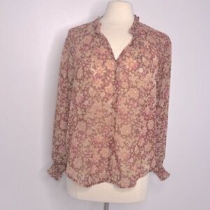 Joie semi sheer long sleeve floral and metallic thread print top size small